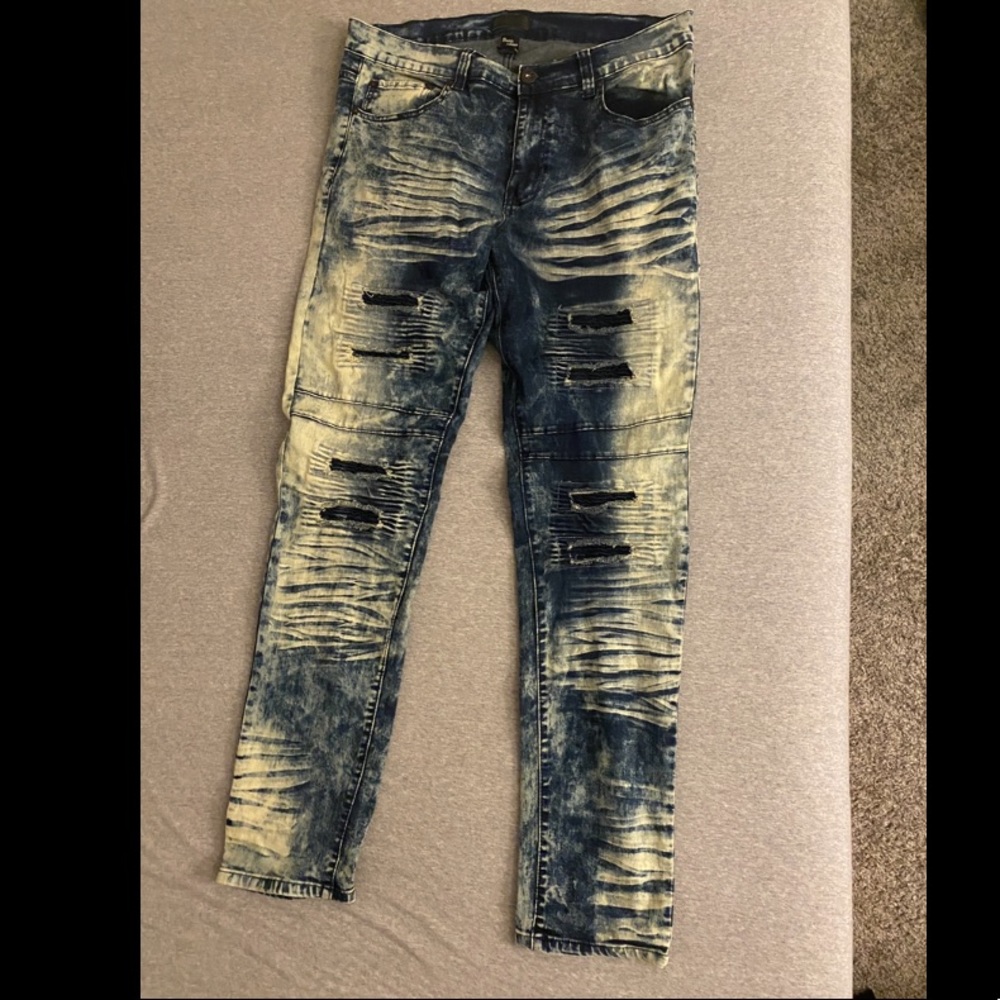Bleeker & merecr distressed ripped bleached skinny biker blue jeans